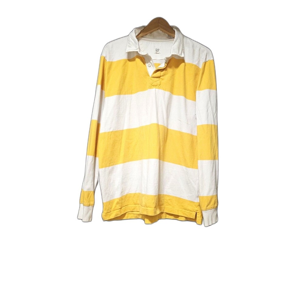 GAP Men's Polo Shirt Yellow White Striped Long Sleeve Size L